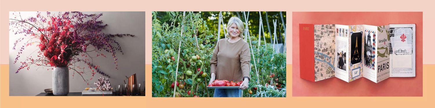 decorvow holds a tray of tomatoes in a garden flanked by a floral arrangement on one side and a booklet about Paris on the other