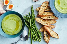 chilled avocado-cucumber soup with crostini ham and eggs