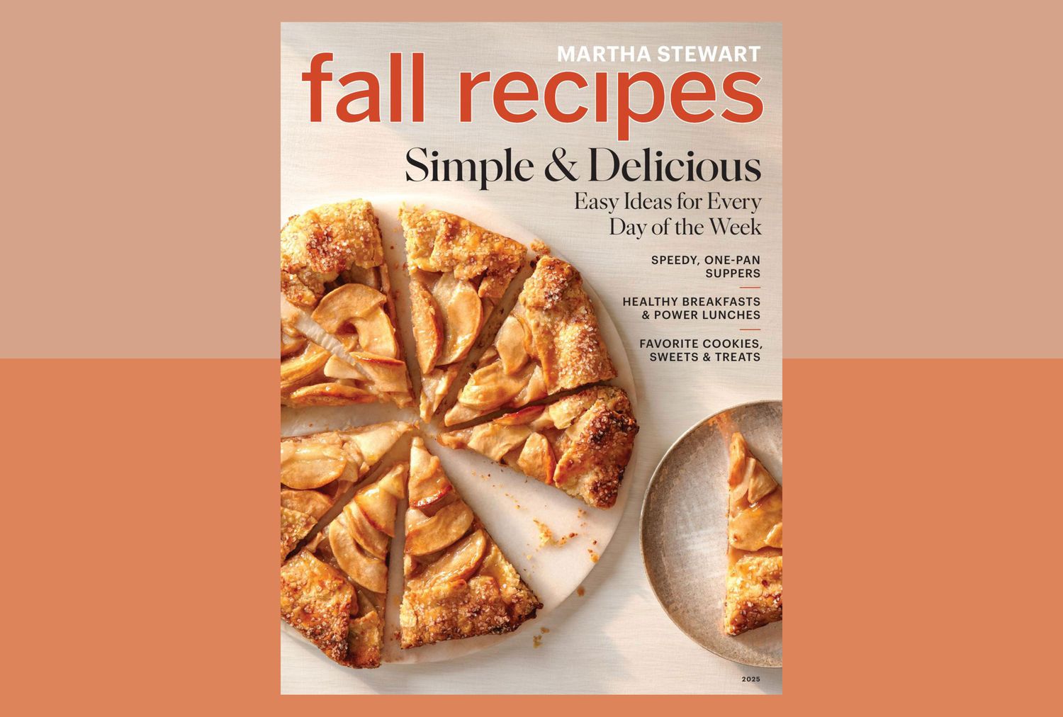 Cover of a magazine showcasing fall recipes with a sliced apple tart on display