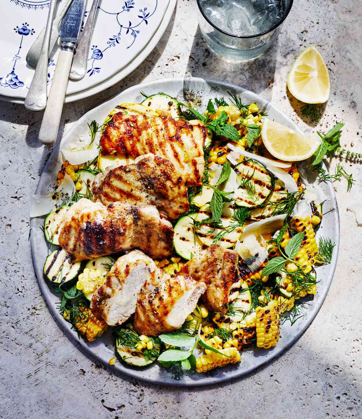 Grilled Chicken Thighs with Charred Corn and Summer Squash