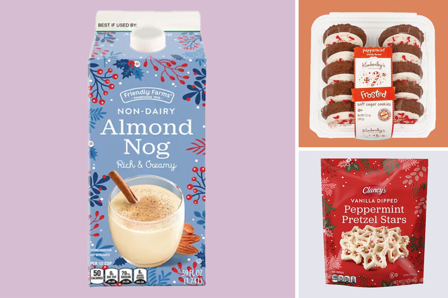 A collage featuring almond nog holidaythemed cookies and peppermint pretzel snacks