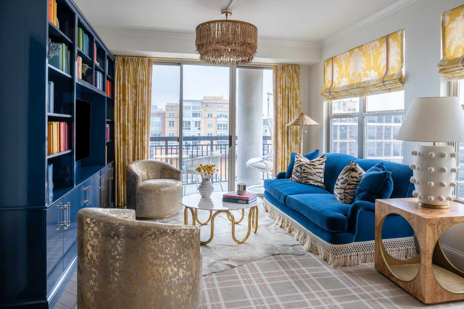 A living room with vintage lighting