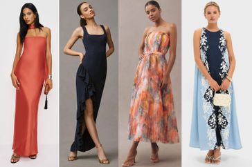 Four women showcasing different evening and formal dresses in various styles and patterns