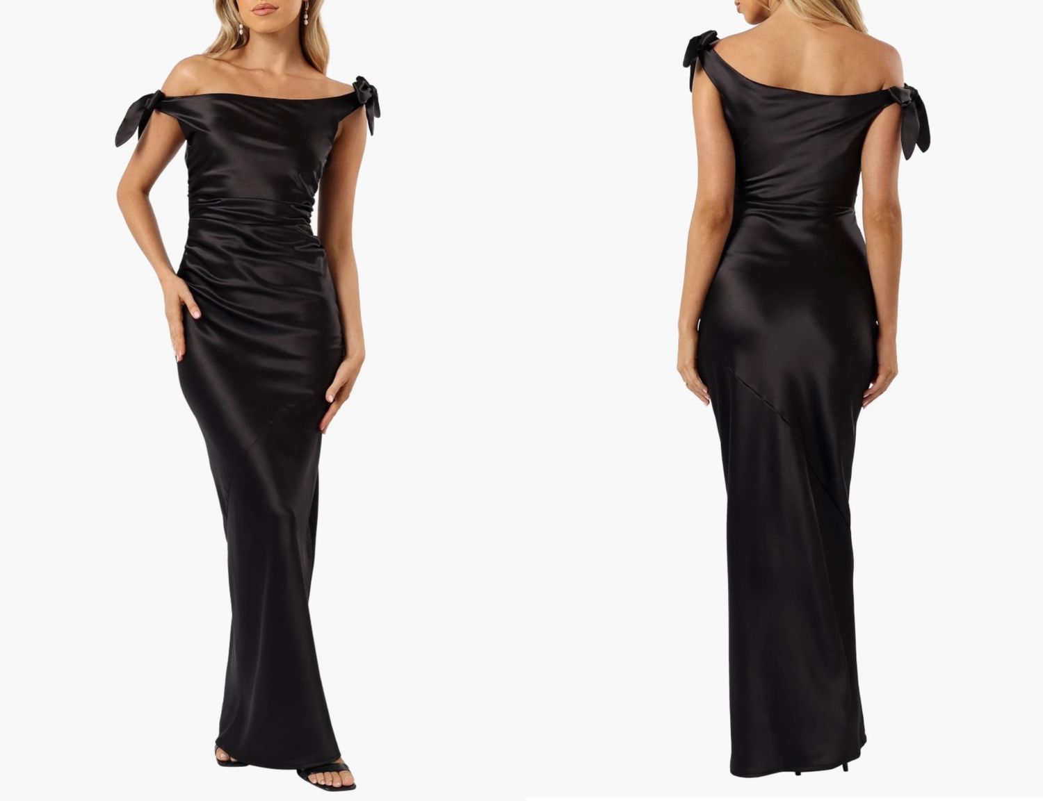 A woman wearing an offshoulder gown shown from the front and back illustrating the fit and design of the dress