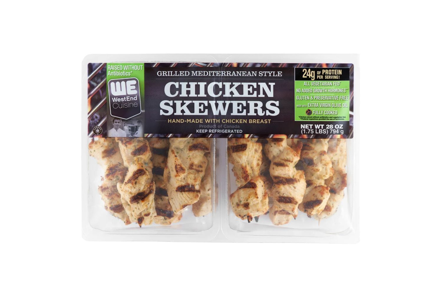 Packaged grilled Mediterraneanstyle chicken skewers in a plastic container