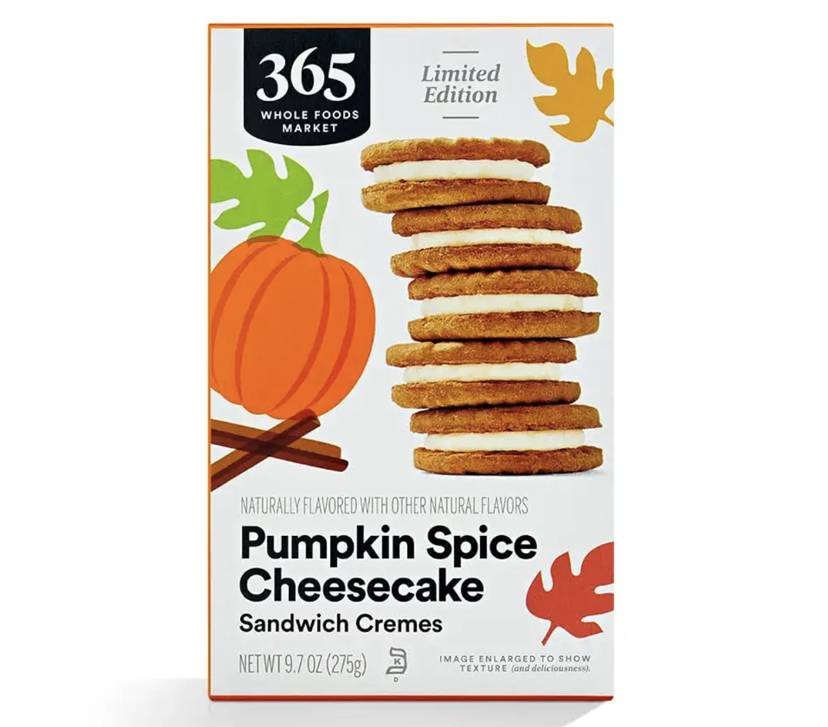 Packaging of limited edition pumpkin spice cheesecake sandwich cookies