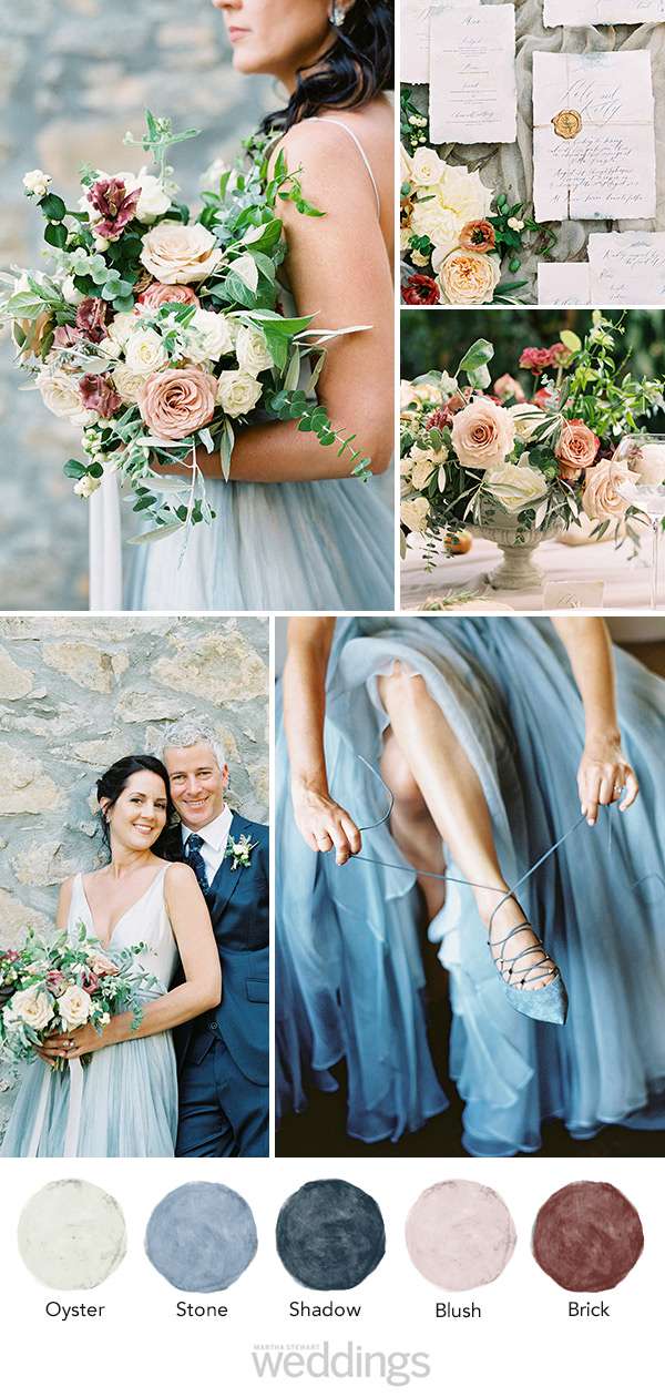 wedding color palette mood board blue, brick and oyster