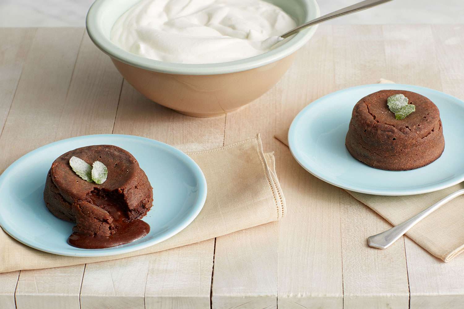 chocolate cakes on blue plates