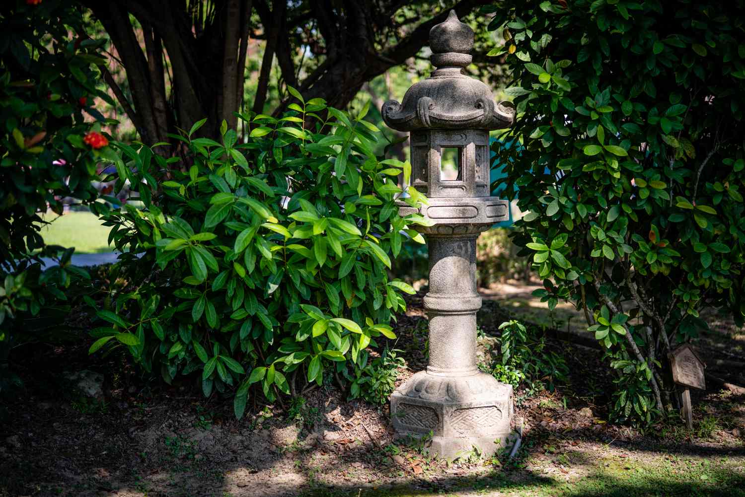 A stone lantern surrounded by lush greenery in a garden under the shade of trees