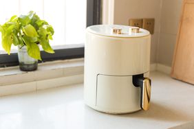 A small kitchen appliance possibly an air fryer on a countertop next to a plant