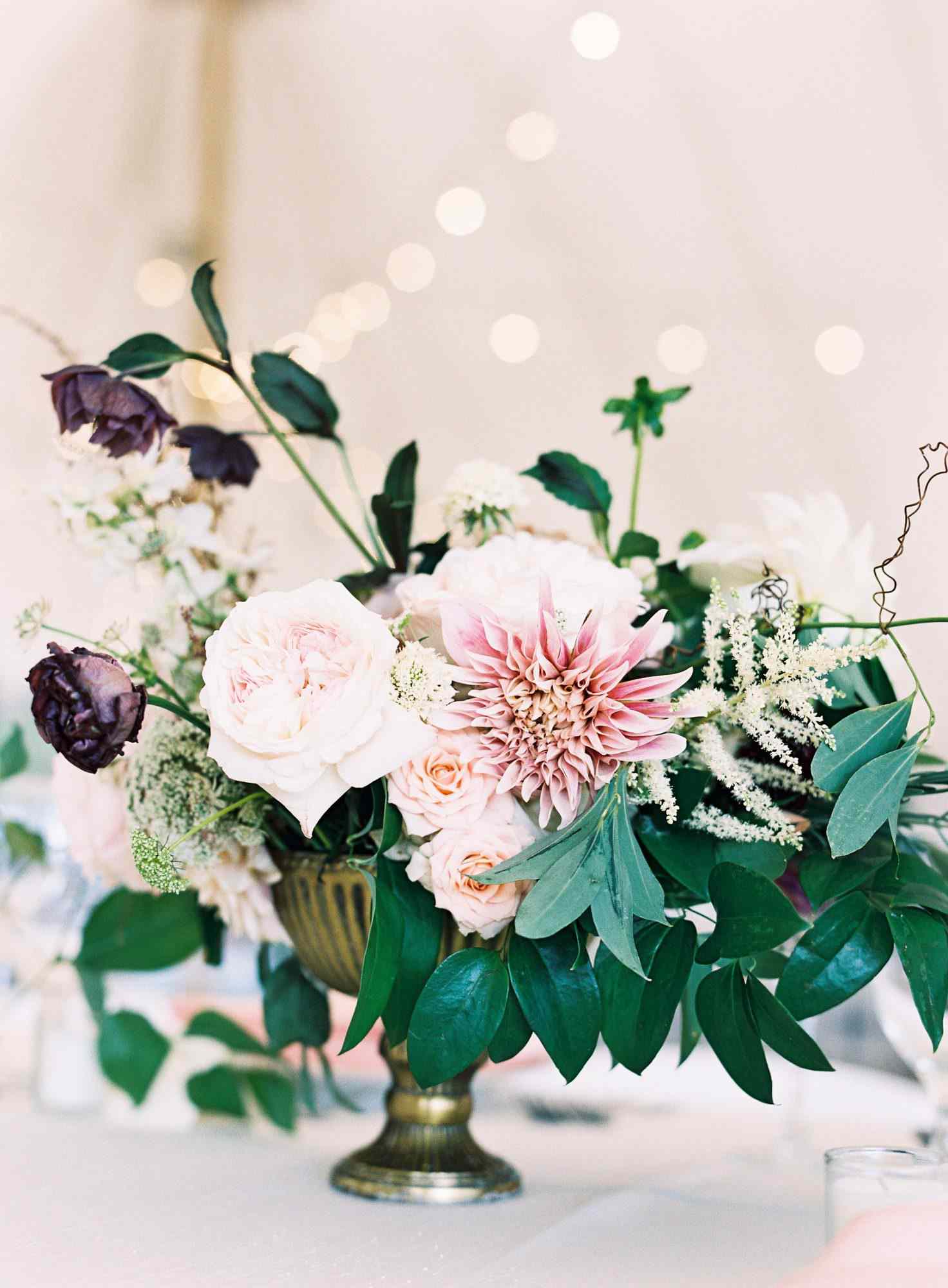 Vintage dahlia and rose summer wedding centerpiece