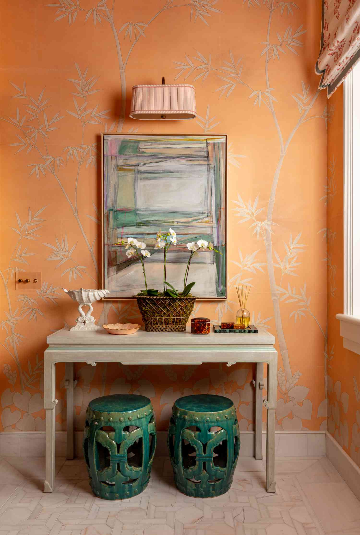 Bathroom with orange wallpaper