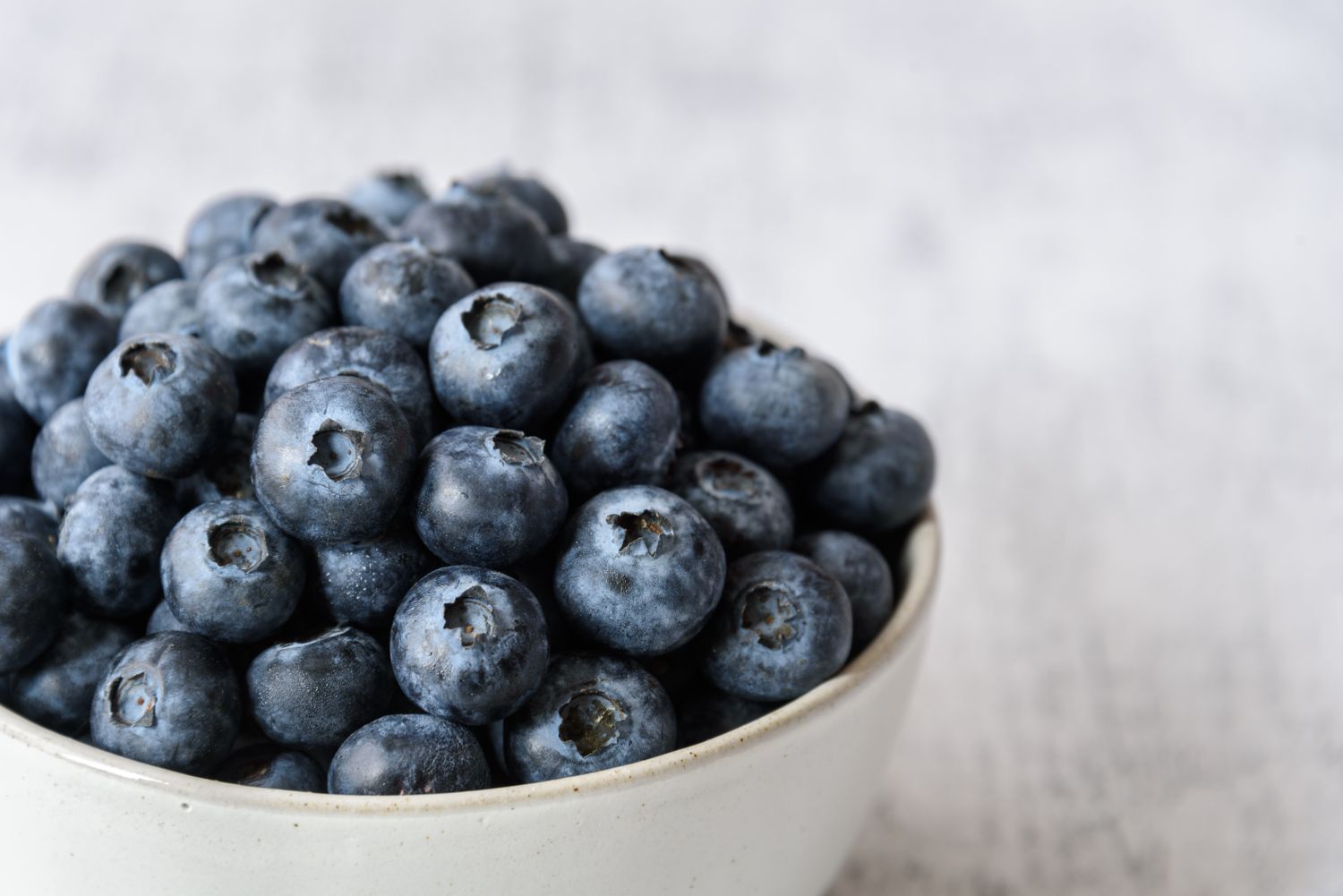 Close up of fresh blueberries in a white ceramic bowl 