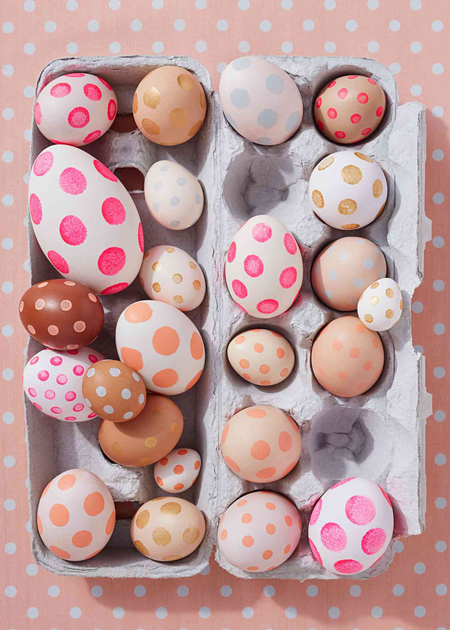 polka dotted easter eggs in carton