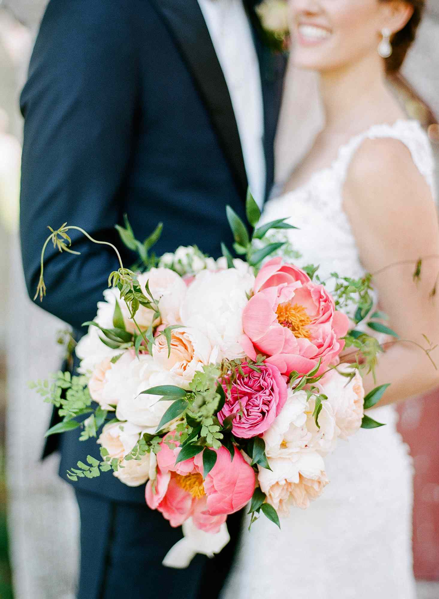 coral-and-white peony bouquet