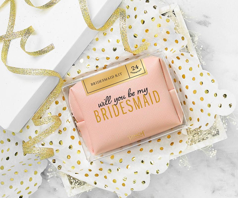 be my bridesmaid pink pouch with accessories