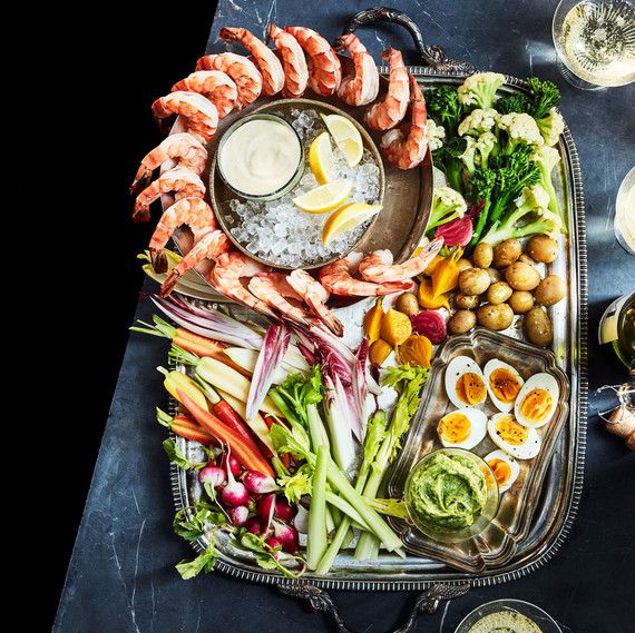 party appetizers crudites shrimp hard boiled eggs