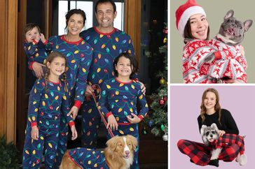 A family and pets wearing matching Christmasthemed pajamas