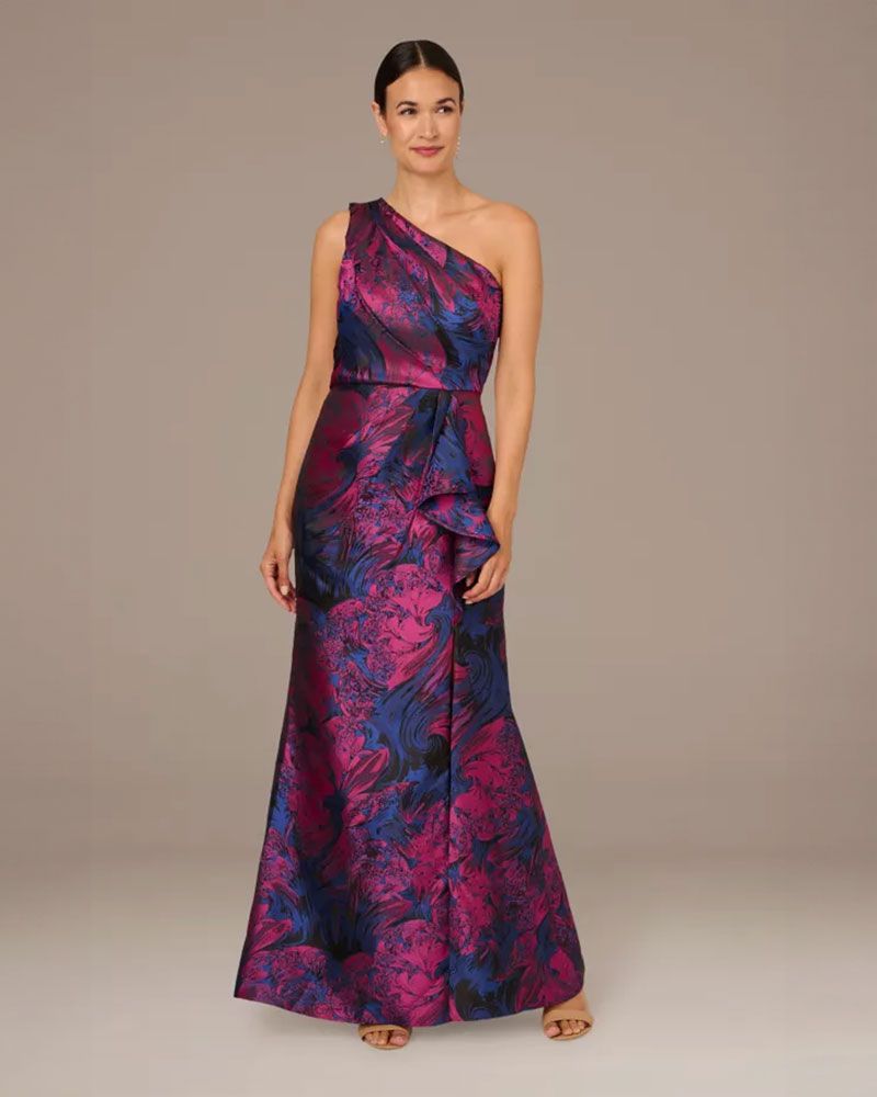 Adrianna Papell One-Shoulder Ruffled Jacquard Sheath Dress