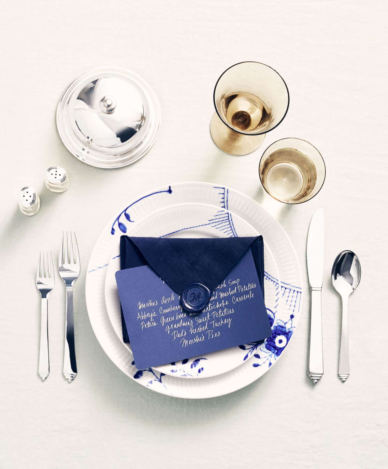 Blue and White Letter Envelope Place Setting