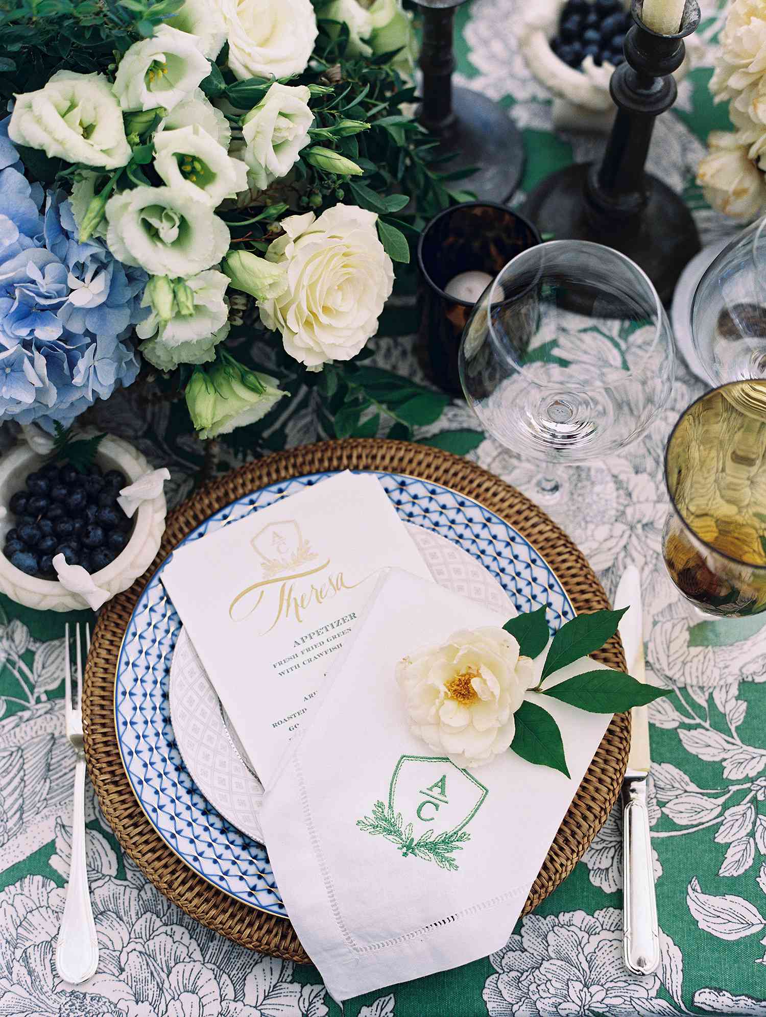 charles andrew wedding blue green place setting
