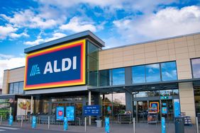 The frontage and brand logo of a branch of German discount retailer Aldi. 