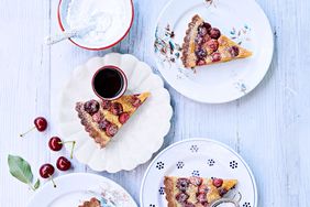 sour-cherry frangipane tart topped with powdered sugar