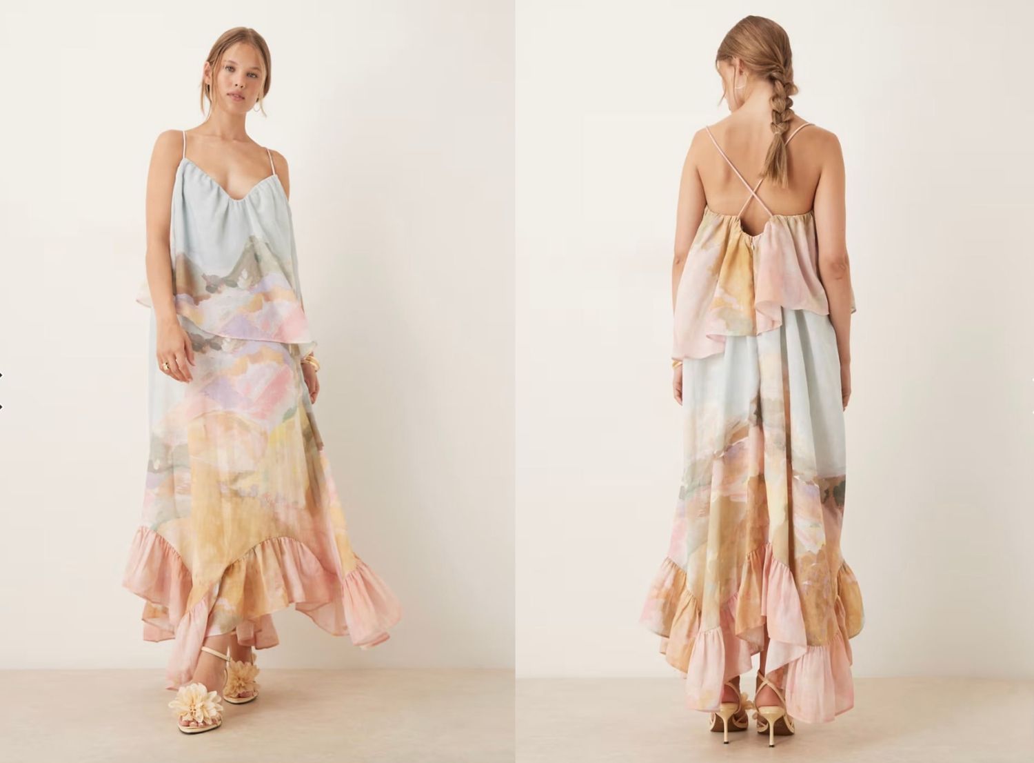 Two views of a woman wearing a long flowing summer dress front and back