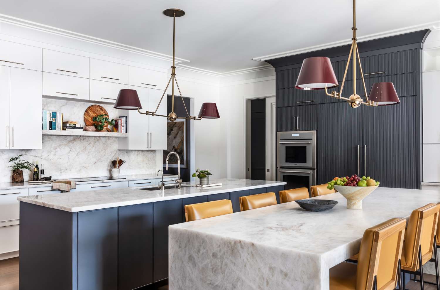 kitchen with two isands and seating