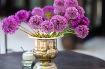 Purple spherical flowers in a silver vase on a table