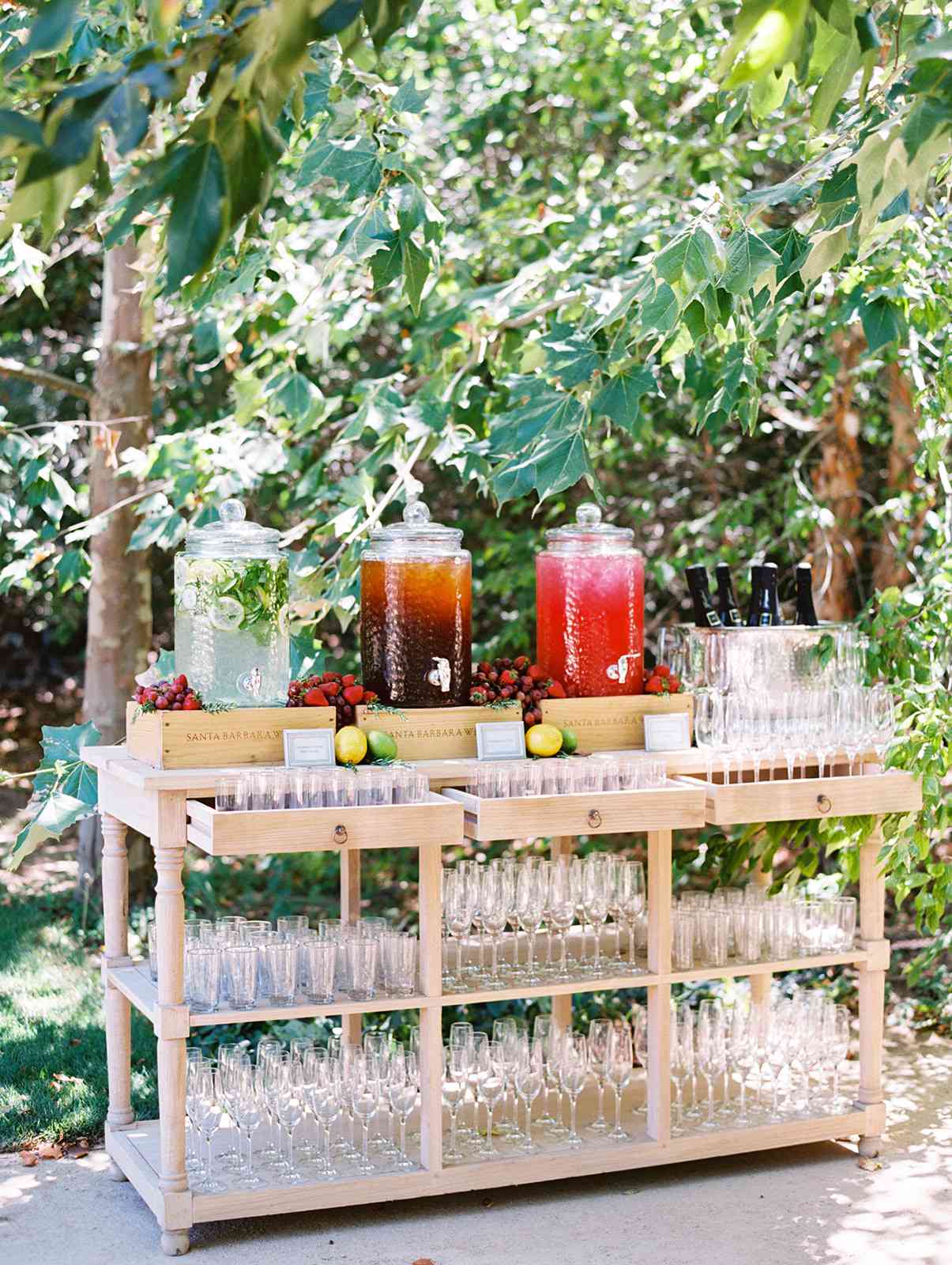elegant wooden drinks station in garden
