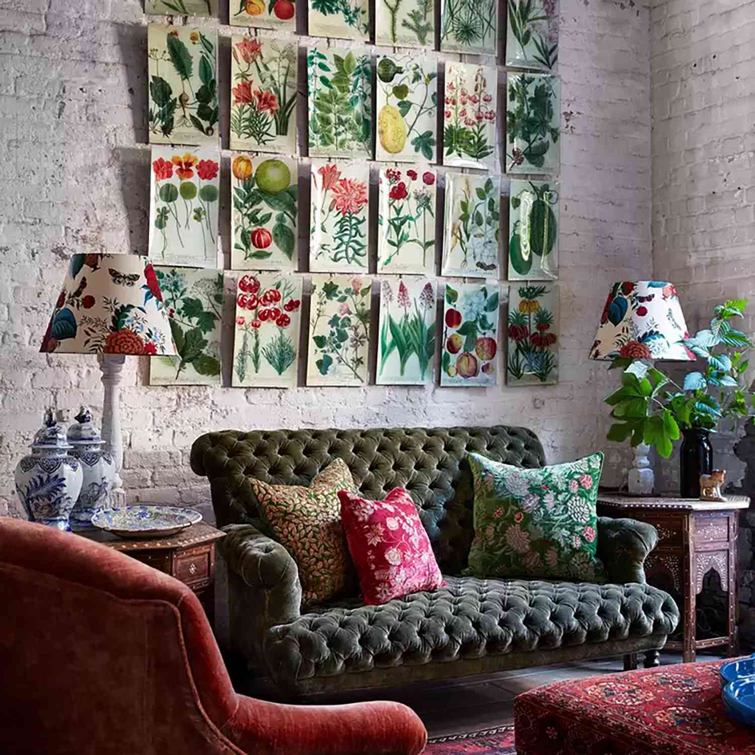 John Derian decoupage trays in living room