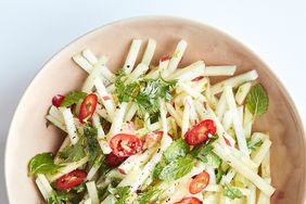 kohlrabi apple and mint slaw in white bowl