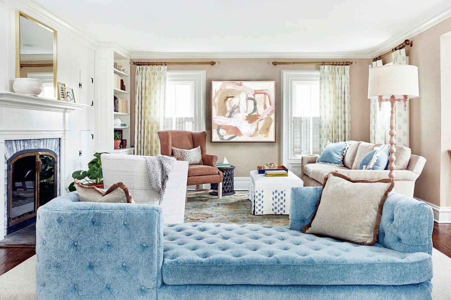 powder blue sofa in living room