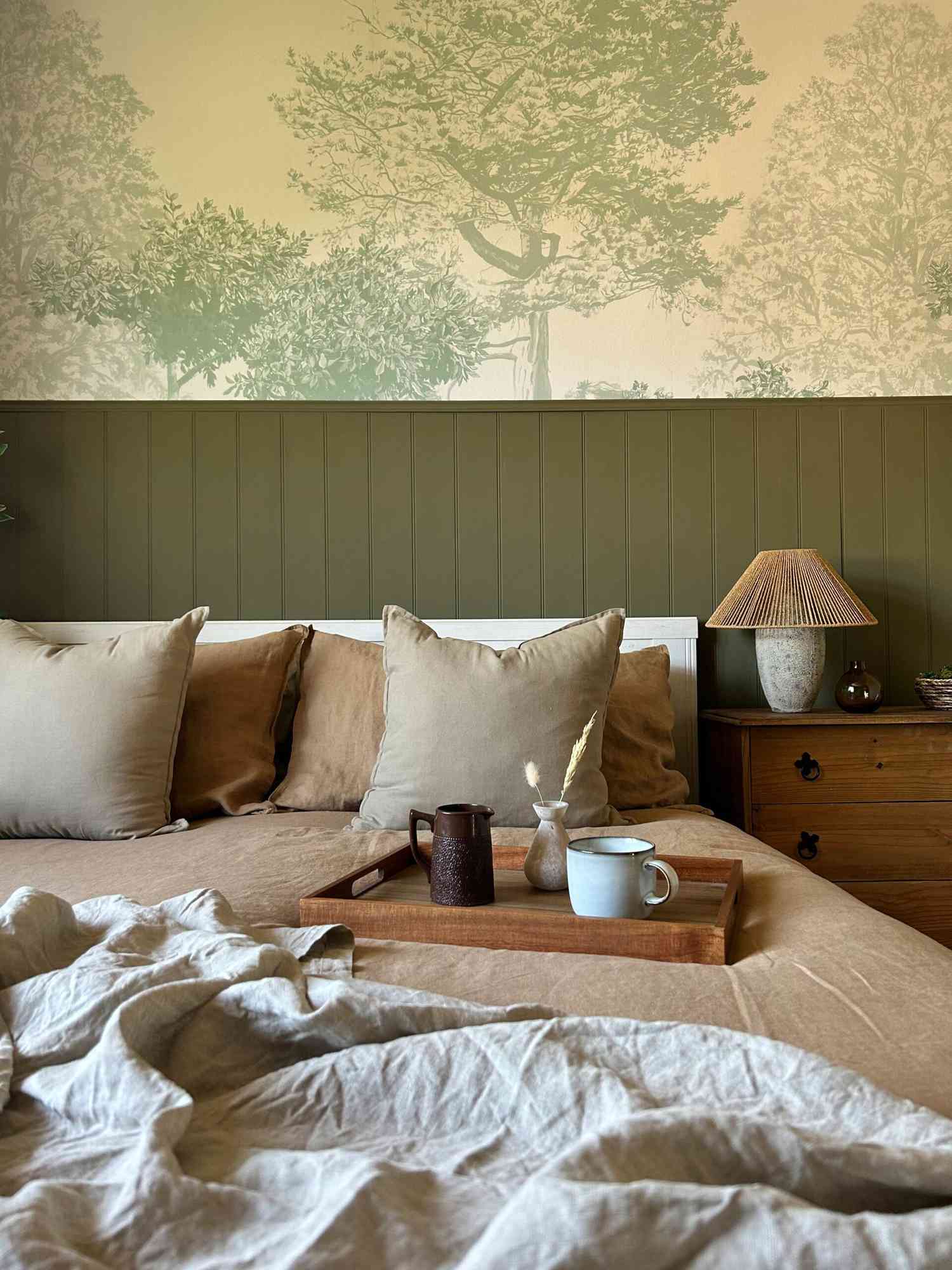 Olive chalk paint headboard in bedroom