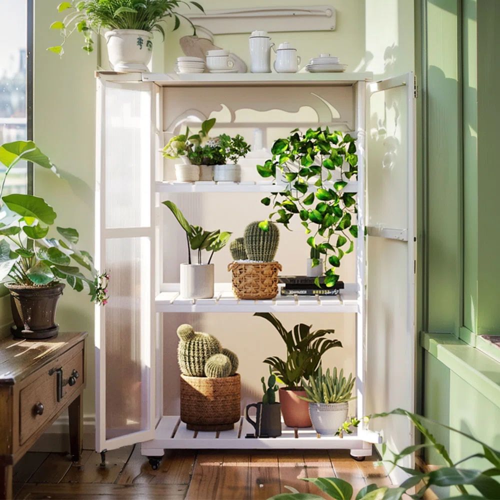 Open cabinet displaying various potted plants and decor indoors