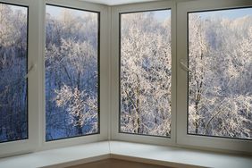 A winter scene viewed through a multipane window with snowcovered trees