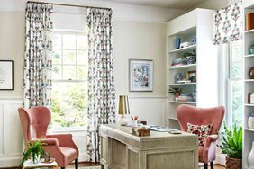 home office with two different window treatments