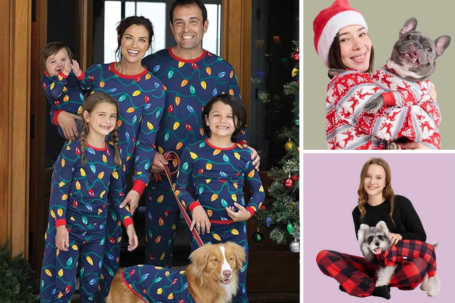 A family and pets wearing matching Christmasthemed pajamas