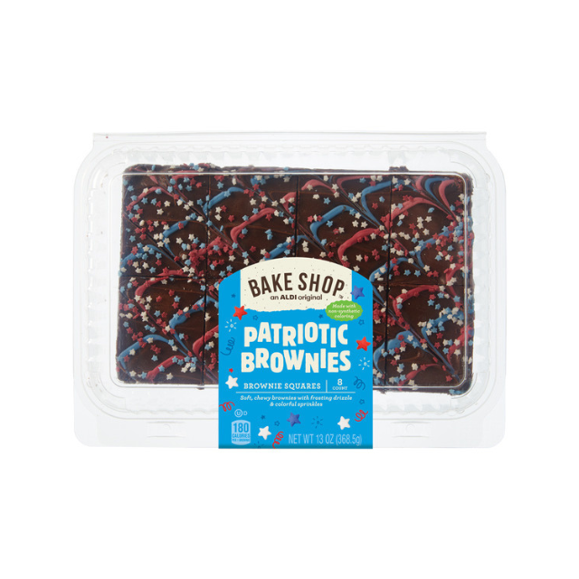 A box of Bake Shop brand Patriotic Brownies decorated with sprinkles