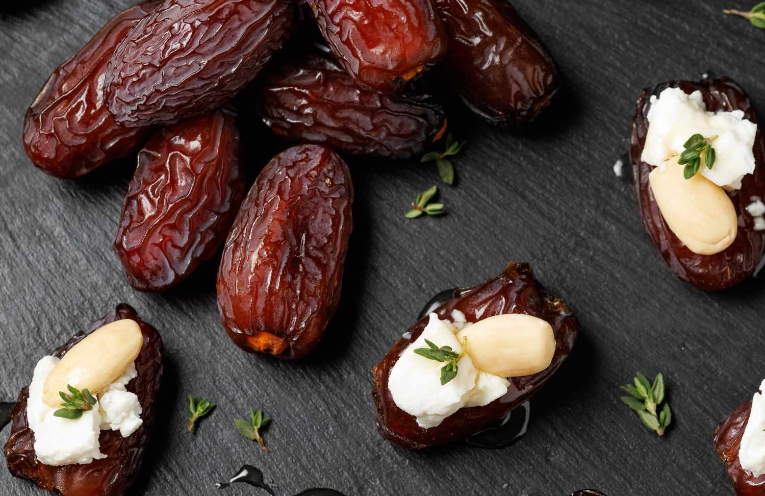 Stuffed Medjool dates with goat cheese, almonds and honey.