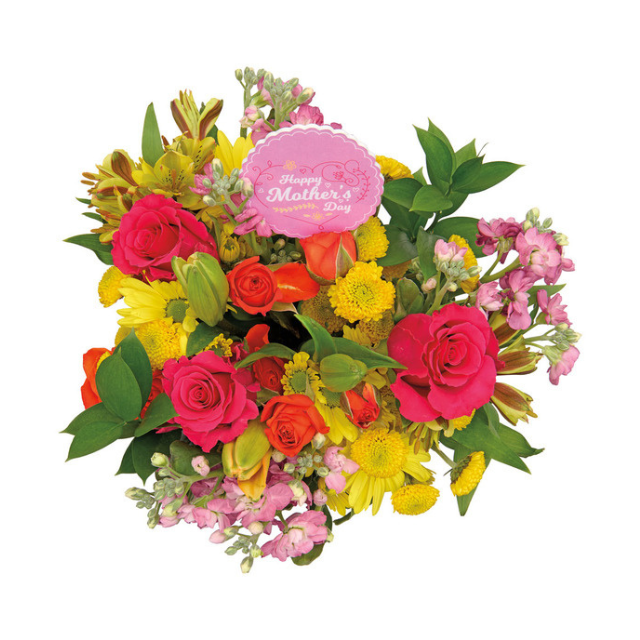 A bouquet of assorted flowers with a Happy Mothers Day card in the center arranged with roses and other floral varieties
