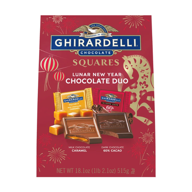 Ghirardelli Lunar New Year Chocolate Duo packaging featuring caramel and dark chocolate squares
