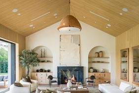 Living room with wood ceiling 