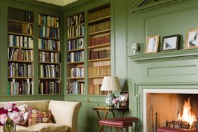 A cozy living room with bookshelves a couch and a fireplace