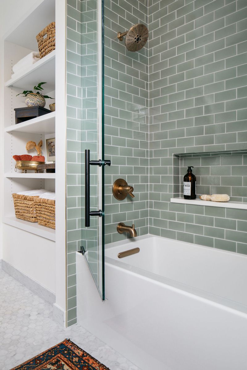 a sage tiles shower back with glass door cracked