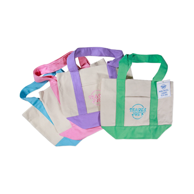 Reusable tote bags with Trader Joes logo and colorful straps
