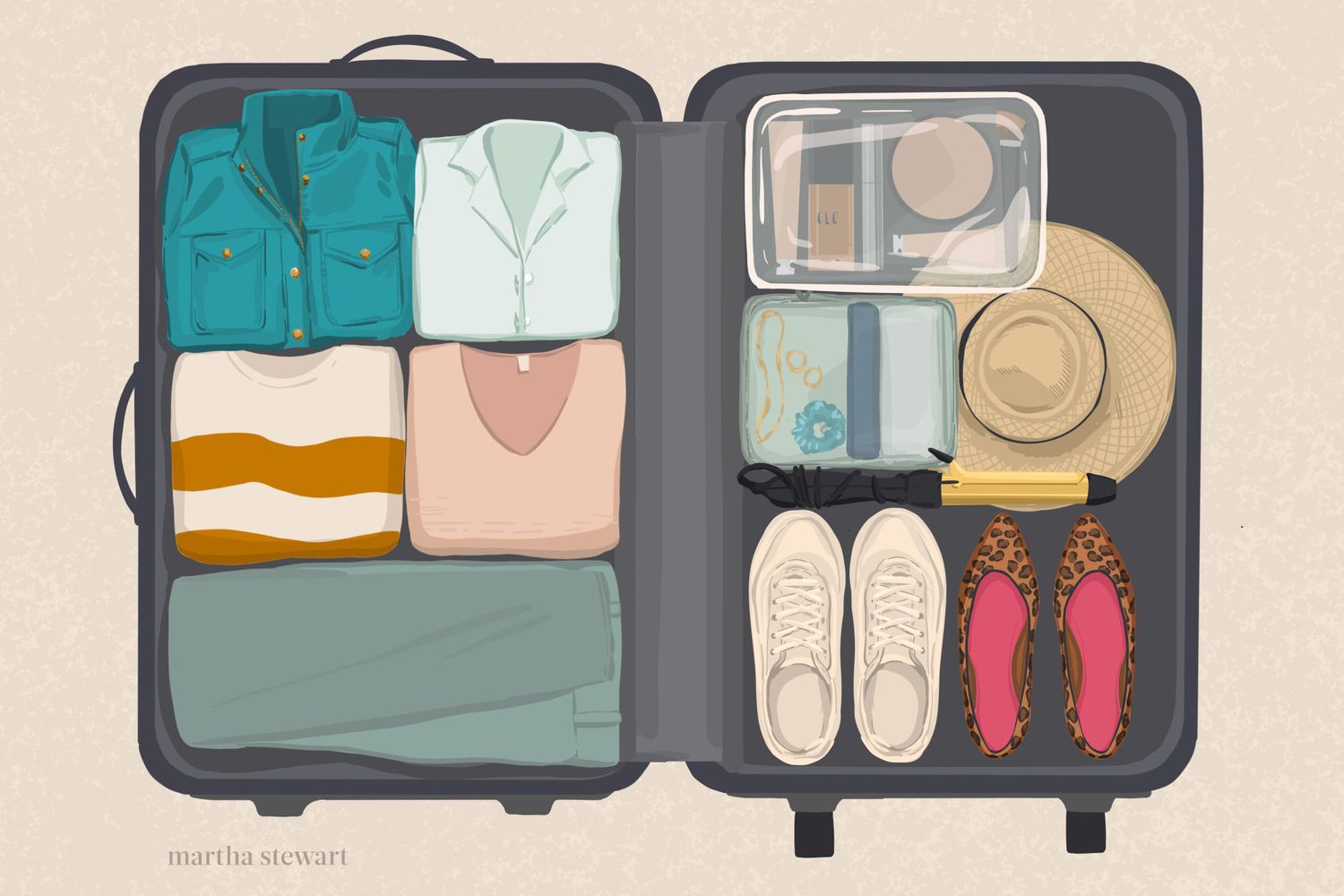 illustration of clothes and accessories packed in a suitcase