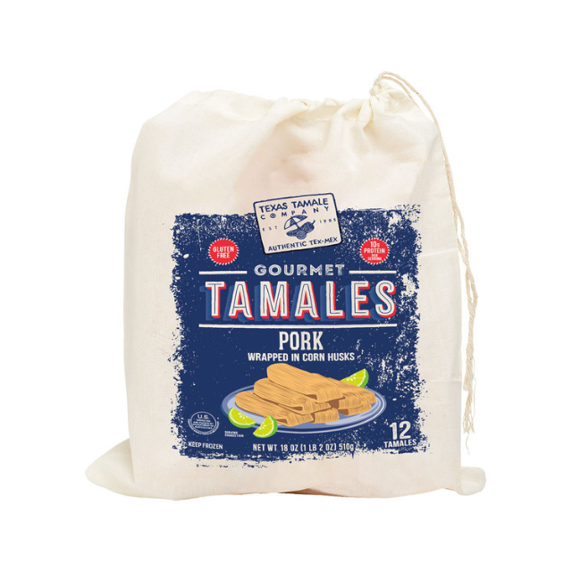 A bag labeled Gourmet Tamales with pork flavor wrapped in corn husks and containing 12 tamales