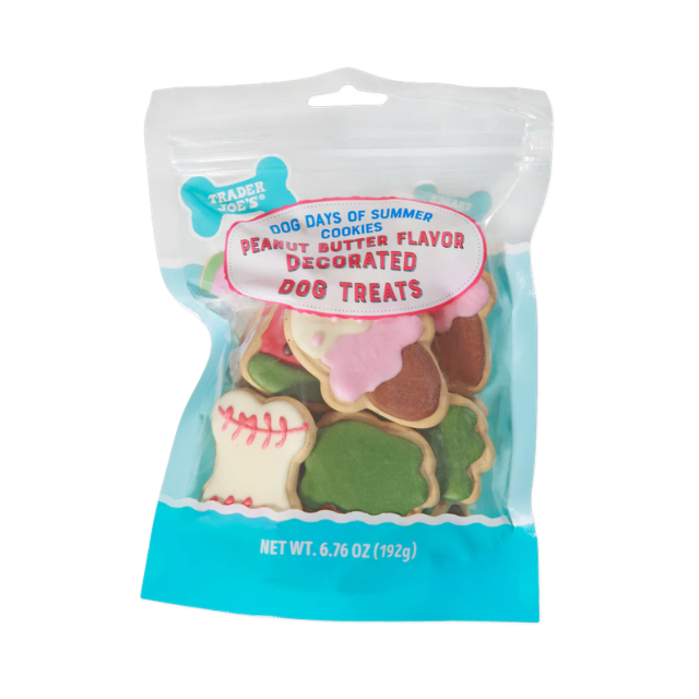 Bag of Trader Joes peanut butter flavored decorated dog treats